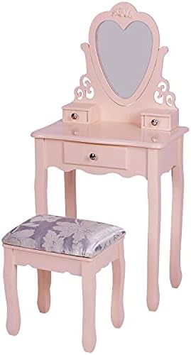Teamson Kids Dressing Table, Play Vanity Set With Foldable Mirror Stool Pink White~0810014812038 02c Mp
