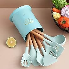 Kitchen Utensils Holder 7.2" Rotating Kitchen Utensil Holder With Wooden Base - Matte Black Countertop Organizer Kitchen Tool Holder