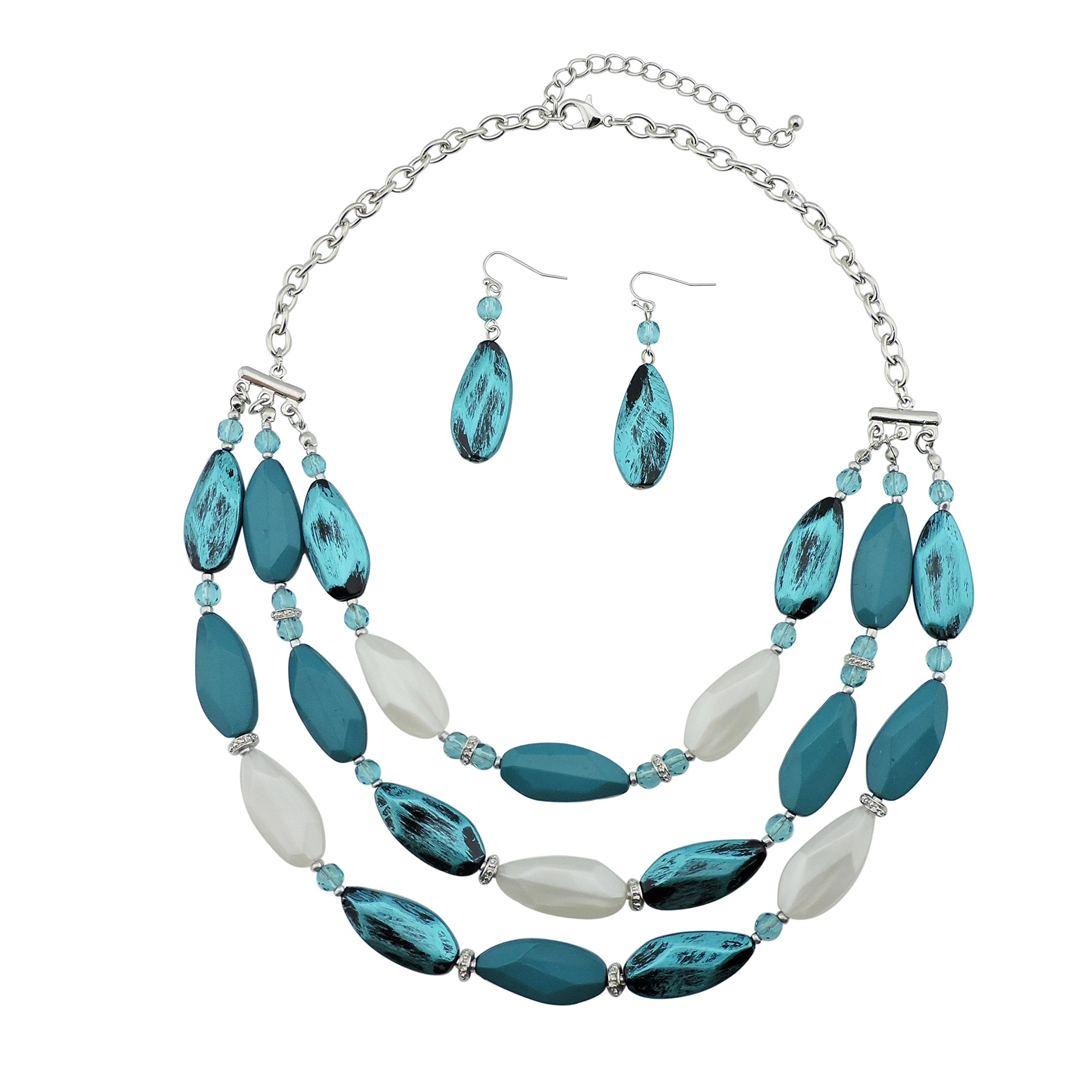 Bocar Bohemian Triple Strand Layered Beaded Statement Necklace And Earring Set For Women, Fashion Jewelry With Acrylic And Glass Beads(NK-10077