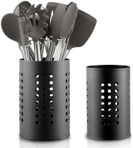 Kitchen Utensils Holder 7.2" Rotating Kitchen Utensil Holder With Wooden Base - Matte Black Countertop Organizer Kitchen Tool Holder