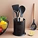 Kitchen Utensils Holder 7.2" Rotating Kitchen Utensil Holder With Wooden Base - Matte Black Countertop Organizer Kitchen Tool Holder