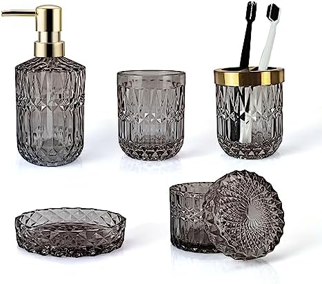 Ulable Green Bathroom Accessory Set, 5Pcs Bathroom Soap Dispenser Set, Green Glass Bathroom Accessory Set With Lotion Dispenser, Soap Dish, Toothbrush Holder, Tumbler, Cotton Swab Jars