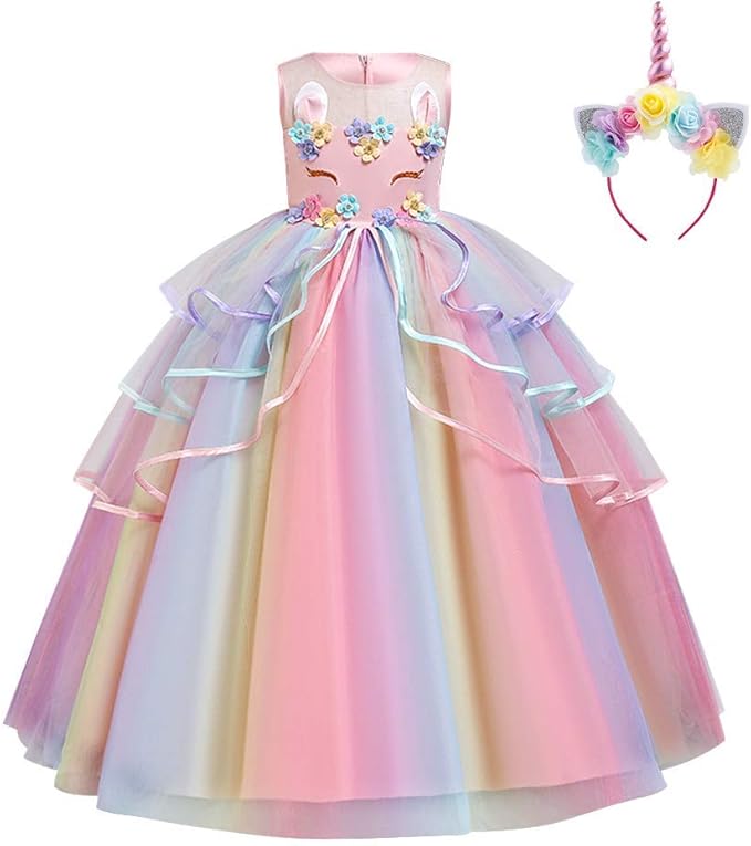 Unicorn Costume For Girls Rainbow Tutu Dress Up With Headband And Wing