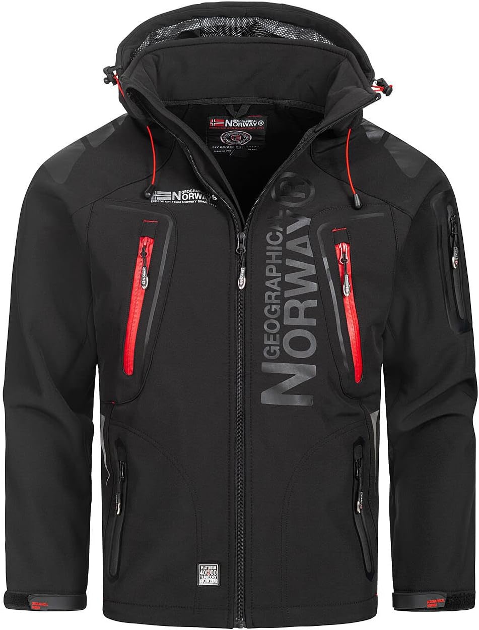 Geographical Norway Techno Men - Men's Waterproof Softshell Hooded Jacket - Comfortable Outdoor Jacket Tactical Windbreaker - Hiking Skiing Autumn Winter Spring ( Black-red S