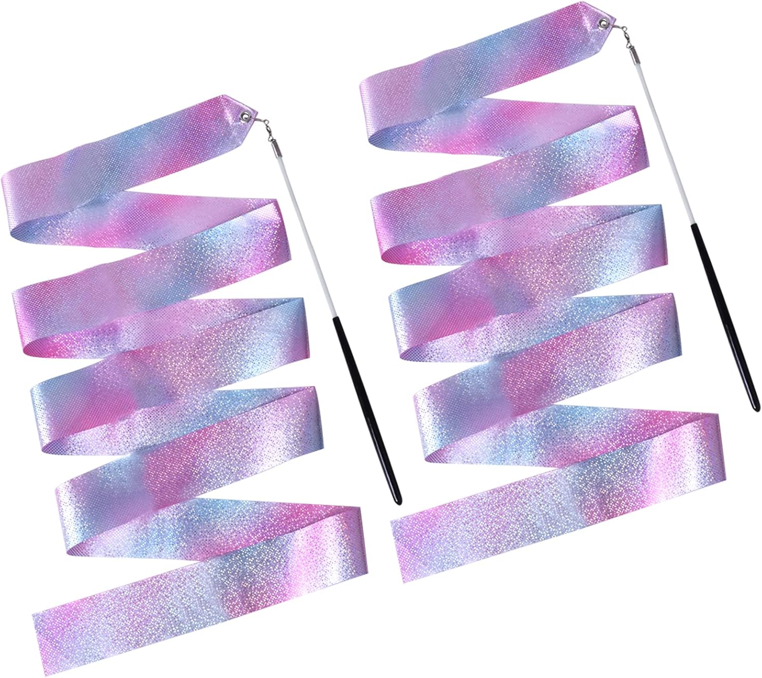 2PCS Dance Ribbons, Gymnastic Ribbon Sparkling Dance Ribbon Streamer Twirling Dancing Ribbons With Wand For Artistic Dancing Training Party Favors Kids Girls Adults Talent Shows