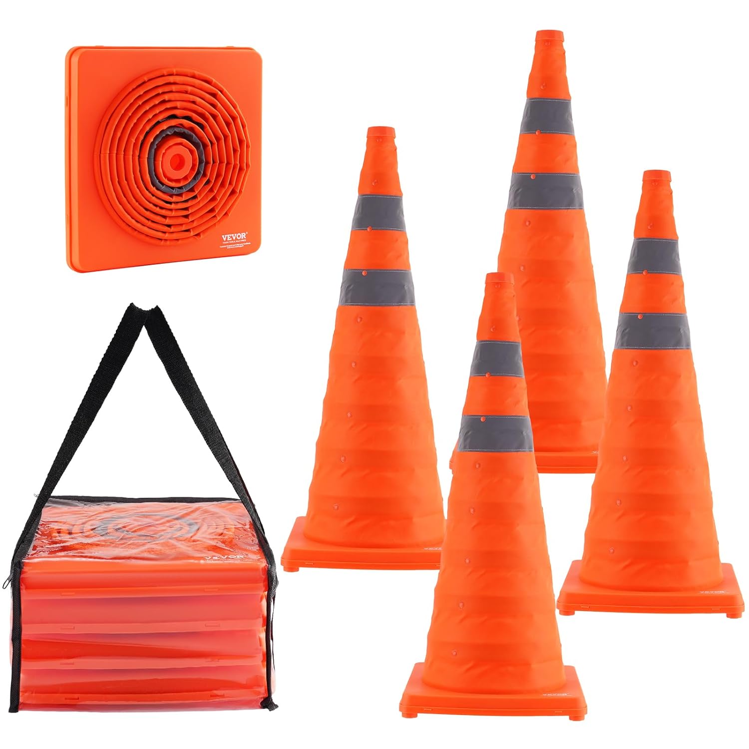 Safety Cones Dropship VEVOR , 4 Pack 18 Inch Collapsible Traffic Cones, Construction Cones With Reflective Collars Wide Base And A Storage Bag For Traffic Control Driving Training Parking Lots Orange Cones For Parking