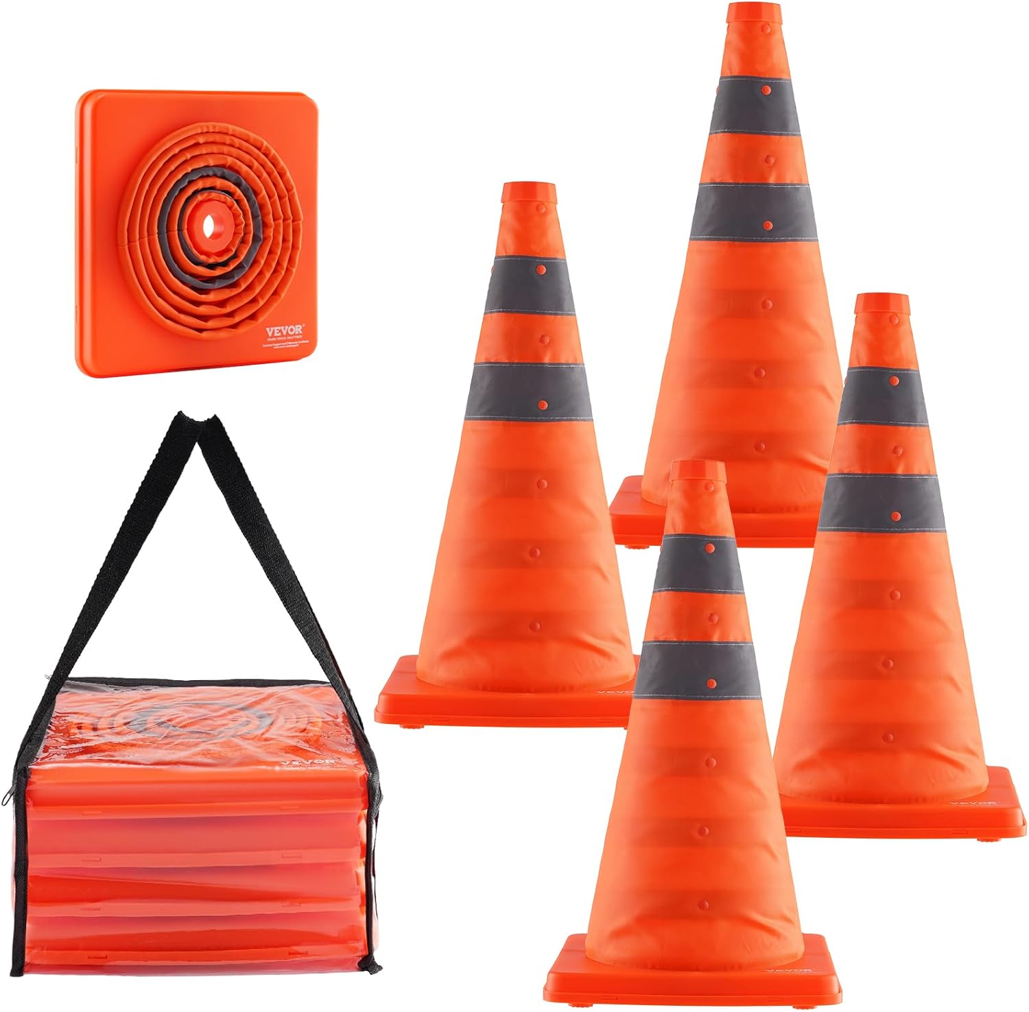 Safety Cones Dropship VEVOR , 4 Pack 18 Inch Collapsible Traffic Cones, Construction Cones With Reflective Collars Wide Base And A Storage Bag For Traffic Control Driving Training Parking Lots Orange Cones For Parking