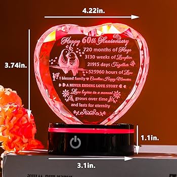 Sundials For The Garden 60th Diamond Anniversary Wedding Gifts For Wife, Heart Crystal Romantic Keepsake For 60 Years Of Marriage Anniversary Presents For Her Him Parents Anniversary Clock