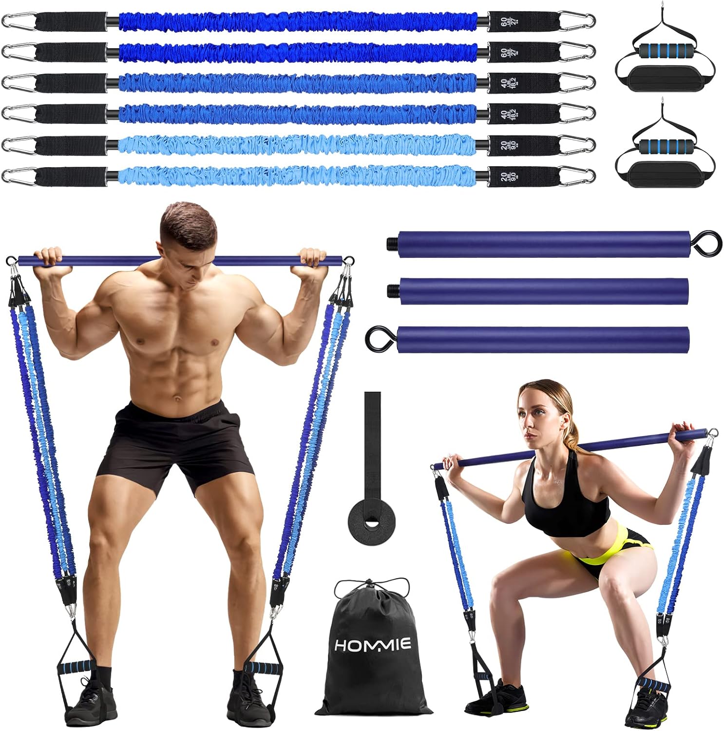 Hommie Portable Pilates Bar Kit With Resistance Bands For Men And Women,Upgraded 3 Section Pilates Bar With Resistance Bands (20/40/60lb) For Home Gym Equipment Supports Full-Body Workouts