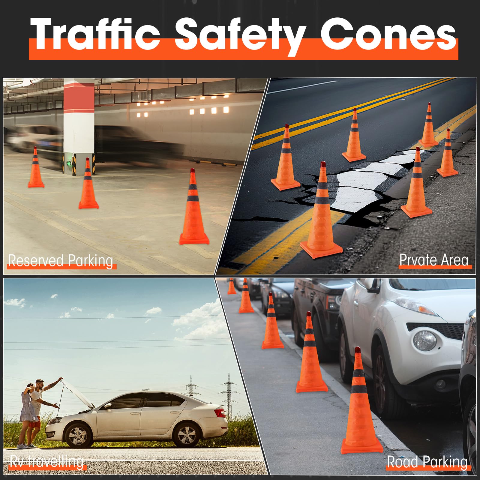 28'' Collapsible Traffic/Safety Cones (4Pcs), Reflective For