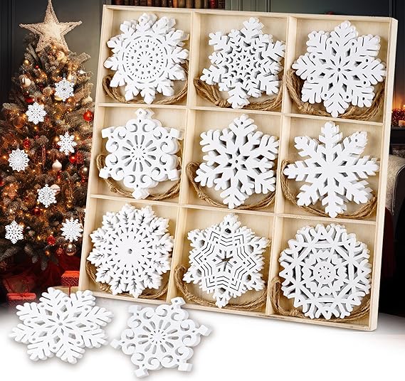 HOUISM White Wooden Christmas Ornaments, 24PCS Hanging Snowflake-24pcs