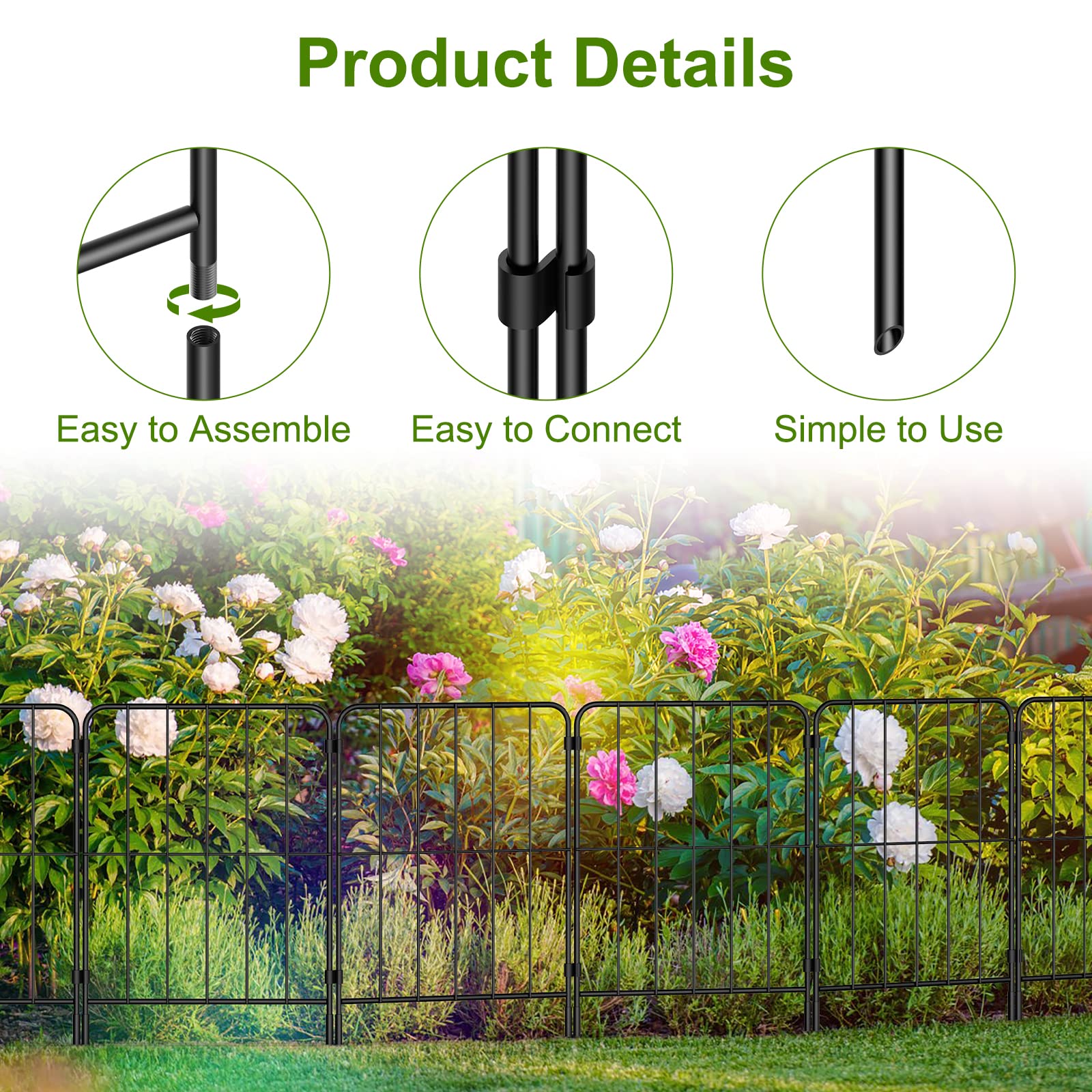 Decorative Steel Garden Fence, 23ft(L)×40in(H), 10 Panels, Rustproof, Heavy Duty, Animal Barrier