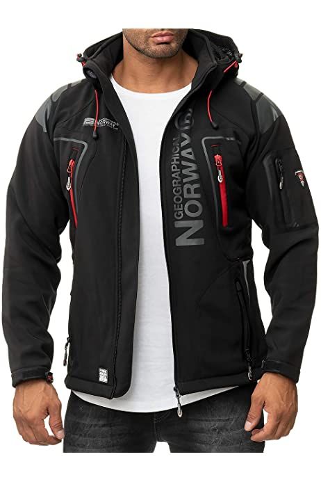 Geographical Norway Techno Men - Men's Waterproof Softshell Hooded Jacket - Comfortable Outdoor Jacket Tactical Windbreaker - Hiking Skiing Autumn Winter Spring ( Black-red S