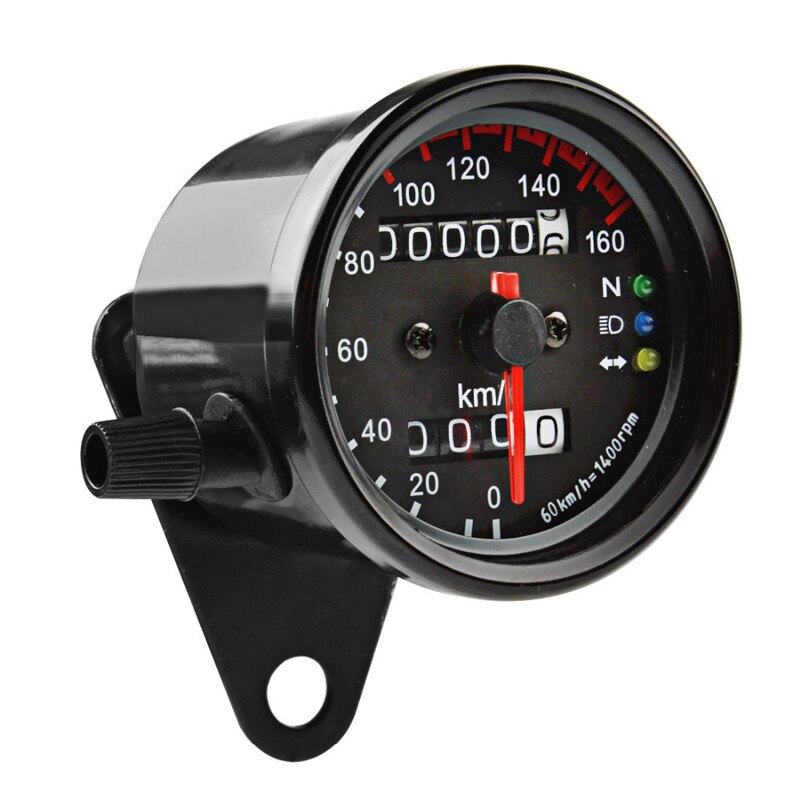 DKMOTORK 0021 KM/H Diameter 2.56 Inches Mechanical Motorcycle Speedometer Dual Odometer Gauge With Led Backlight Neutral Headlight Turn Signal Indicator Stainless 12V Black
