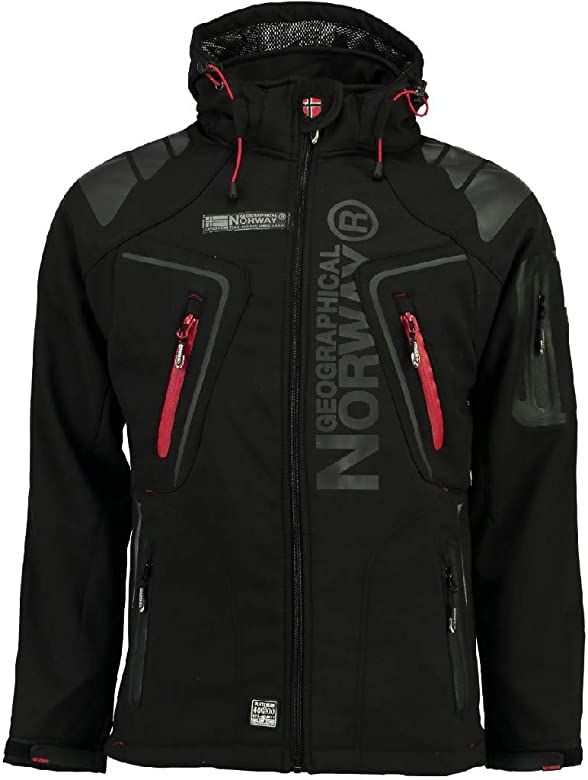 Geographical Norway Techno Men - Men's Waterproof Softshell Hooded Jacket - Comfortable Outdoor Jacket Tactical Windbreaker - Hiking Skiing Autumn Winter Spring ( Black-red S