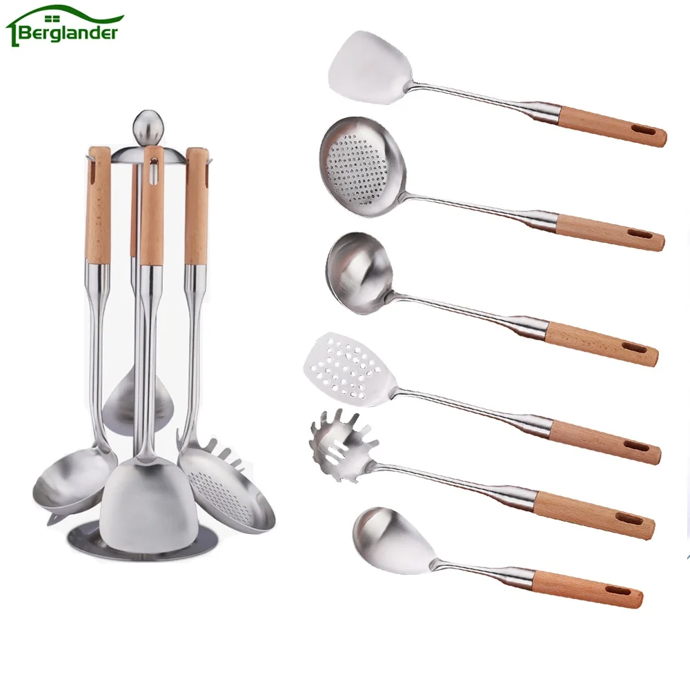 Kitchen Utensils Holder 7.2" Rotating Kitchen Utensil Holder With Wooden Base - Matte Black Countertop Organizer Kitchen Tool Holder