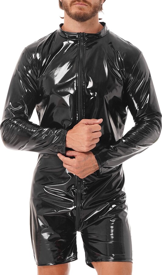 Womens Wet Look Patent Leather Clubwear Sexy Intimates Lingerie Underwear Set Wireless Bra Top With High Cut Front Zipper Briefs