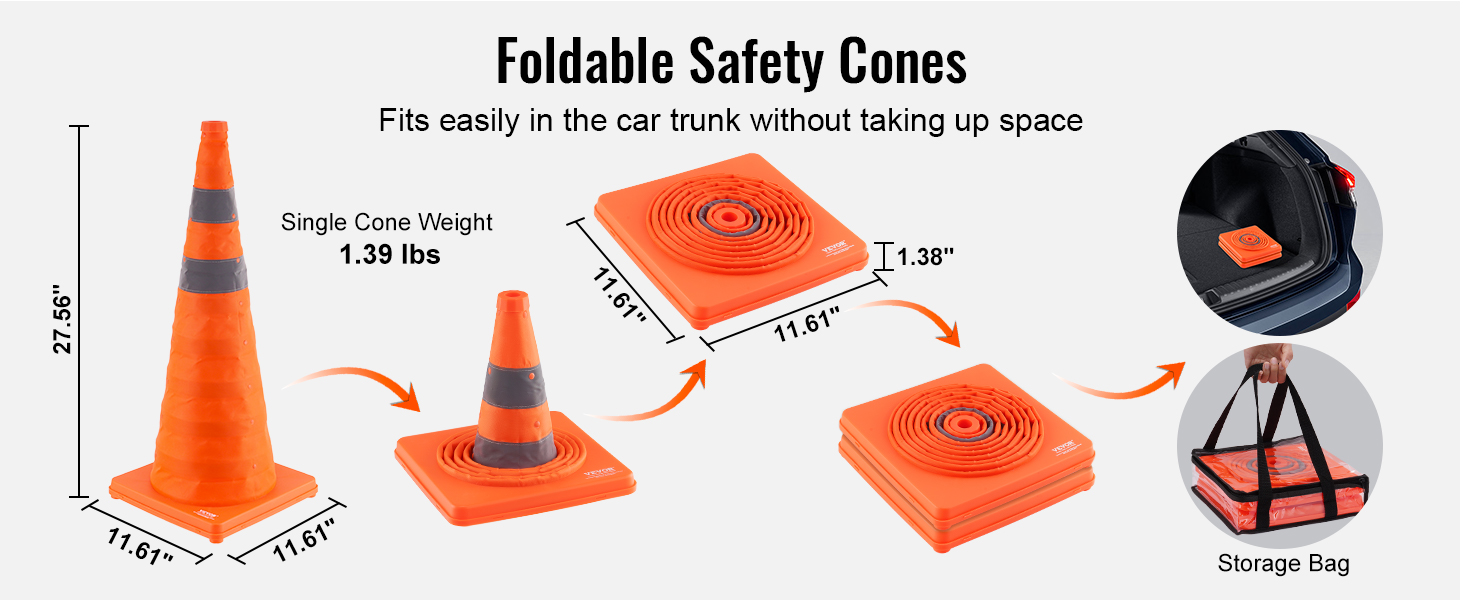 Safety Cones Dropship VEVOR , 4 Pack 18 Inch Collapsible Traffic Cones, Construction Cones With Reflective Collars Wide Base And A Storage Bag For Traffic Control Driving Training Parking Lots Orange Cones For Parking