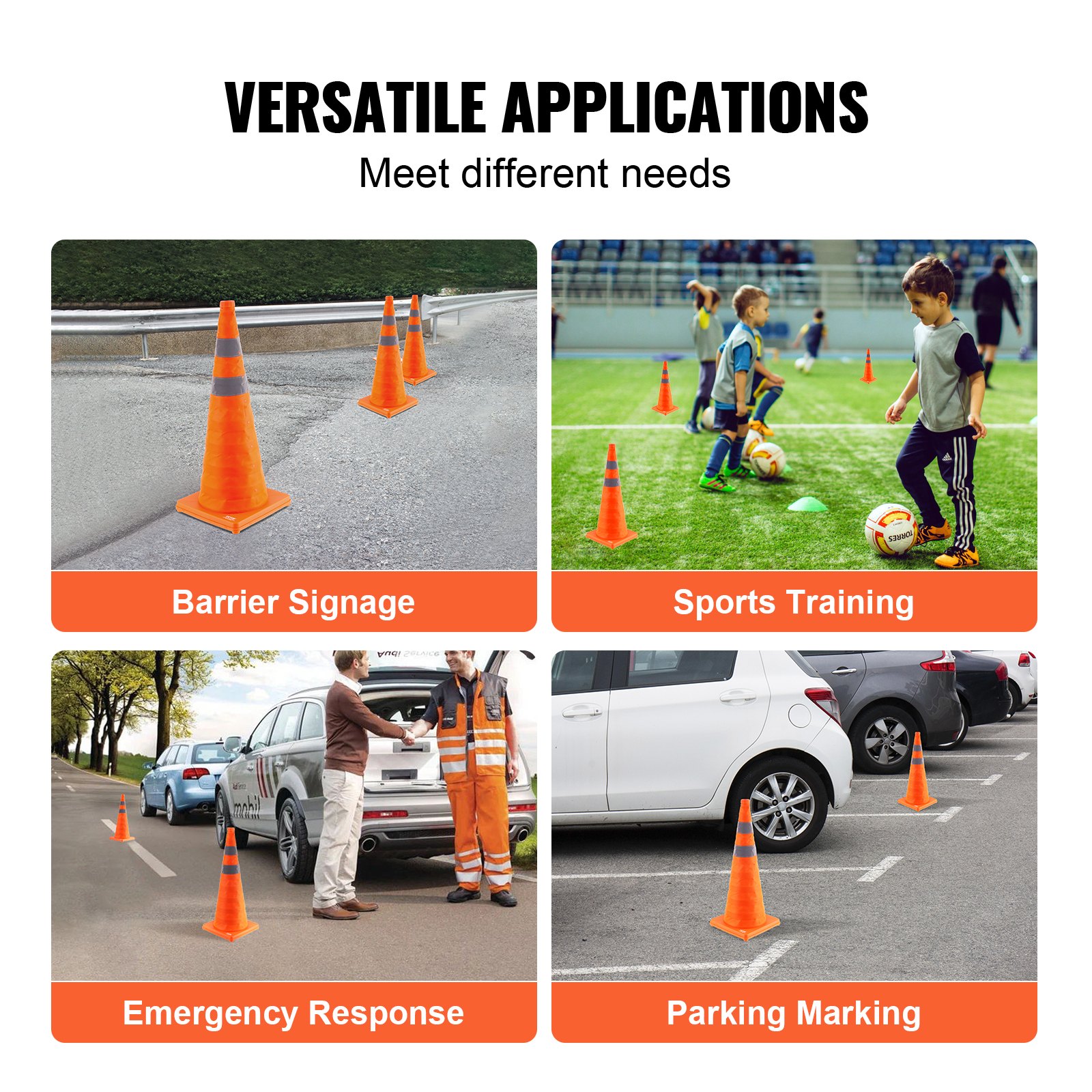 Safety Cones Dropship VEVOR , 4 Pack 18 Inch Collapsible Traffic Cones, Construction Cones With Reflective Collars Wide Base And A Storage Bag For Traffic Control Driving Training Parking Lots Orange Cones For Parking
